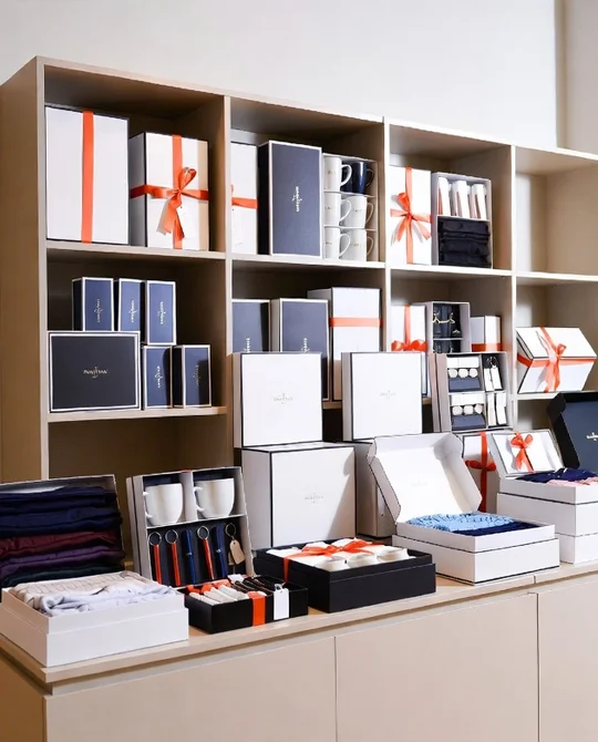 Крупный план брендированных кружек, блокнотов и ручек