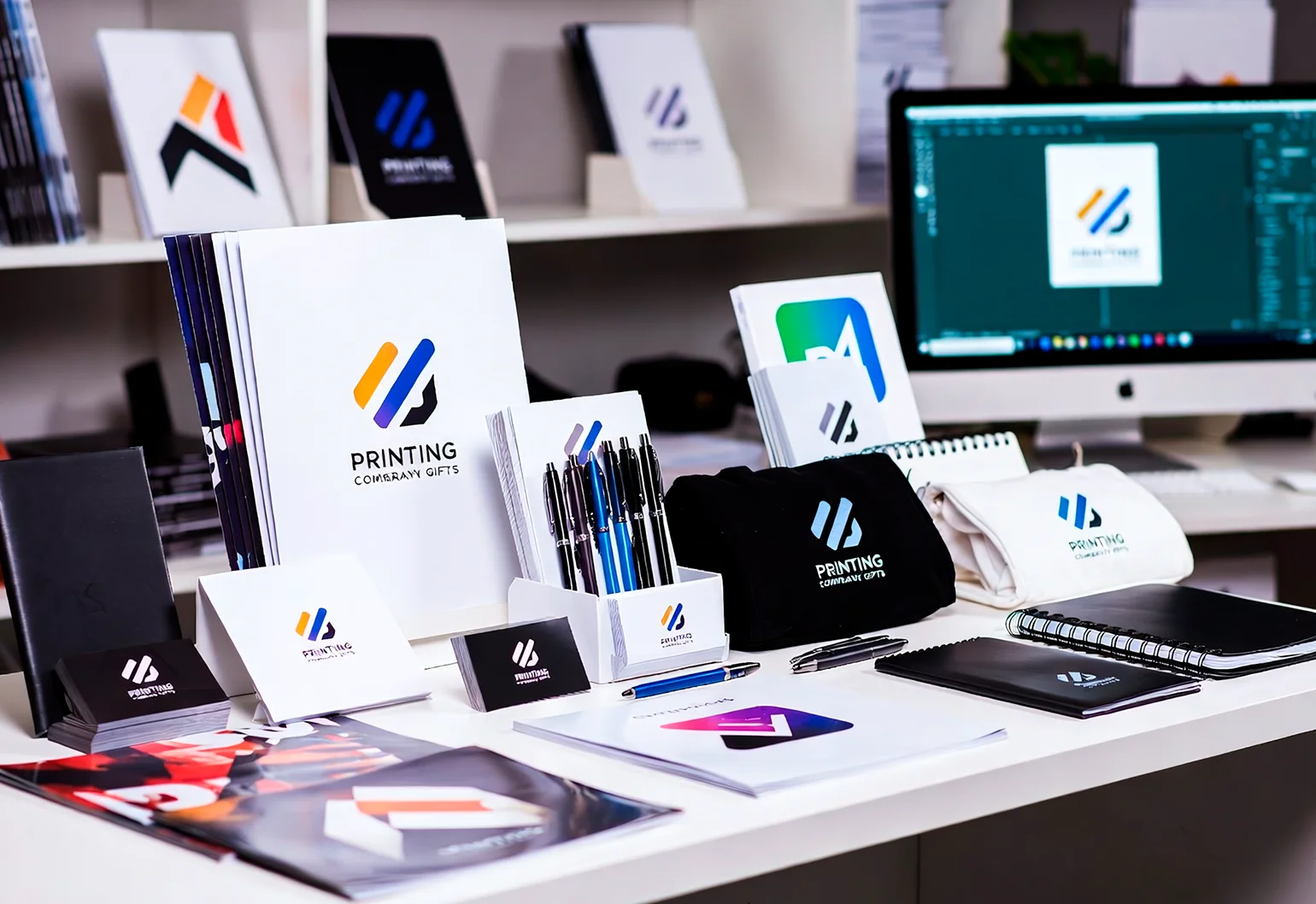 Стол с корпоративными сувенирами и подарочными наборами с логотипом