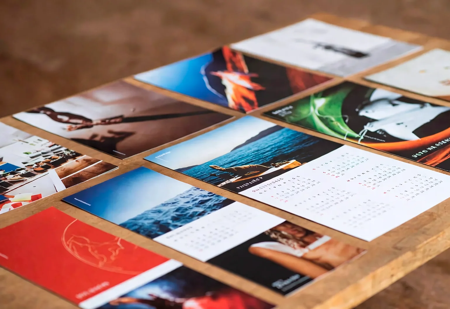 Стопки визиток, буклетов и настенных календарей после печати